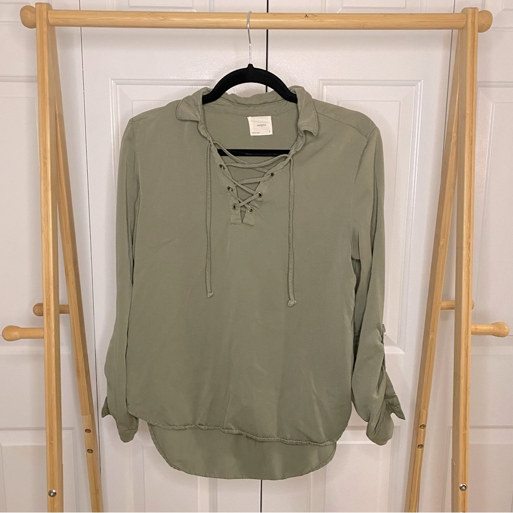 Olive Green Lace Front Roll Long or 3/4 Sleeve Top Blouse, S, Harper
